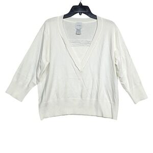 Even Sweater 1X Off White V Neck Lace Trim 3/4 Sleeve Knit Plus Size Classic